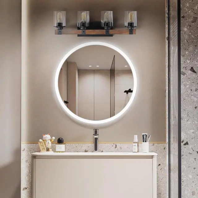 Alt view image 2 of 7 - 27" Rustic 4-Light Vanity Light, industrial Bathroom Wall Sconce with Glass Shades and Wood Accent, Modern Farmhouse Lighting Fixture (No Bulbs)