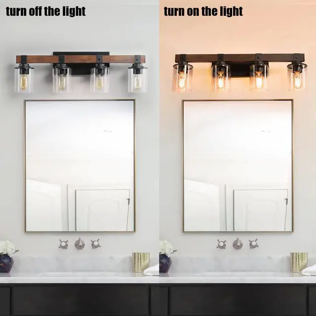 Alt view image 4 of 7 - 27" Rustic 4-Light Vanity Light, industrial Bathroom Wall Sconce with Glass Shades and Wood Accent, Modern Farmhouse Lighting Fixture (No Bulbs)