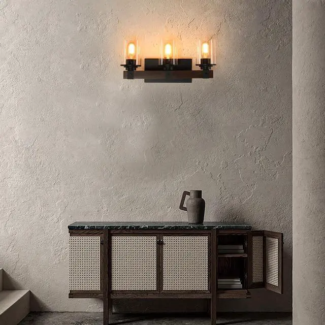 Alt view image 7 of 7 - 19" Rustic 3-Light Vanity Light, industrial Bathroom Wall Sconce with Glass Shades and Wood Accent, Modern Farmhouse Lighting Fixture (No Bulbs)