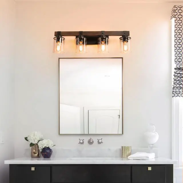 Alt view image 6 of 7 - 27" Rustic 4-Light Vanity Light, industrial Bathroom Wall Sconce with Glass Shades and Wood Accent, Modern Farmhouse Lighting Fixture (No Bulbs)