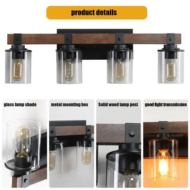 Alt view image 7 of 7 - 27" Rustic 4-Light Vanity Light, industrial Bathroom Wall Sconce with Glass Shades and Wood Accent, Modern Farmhouse Lighting Fixture (No Bulbs)