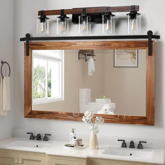 Main image of 35" Rustic 5-Light Vanity Light, industrial Bathroom Wall Sconce with Glass Shades and Wood Accent, Modern Farmhouse Lighting Fixture (No Bulbs)