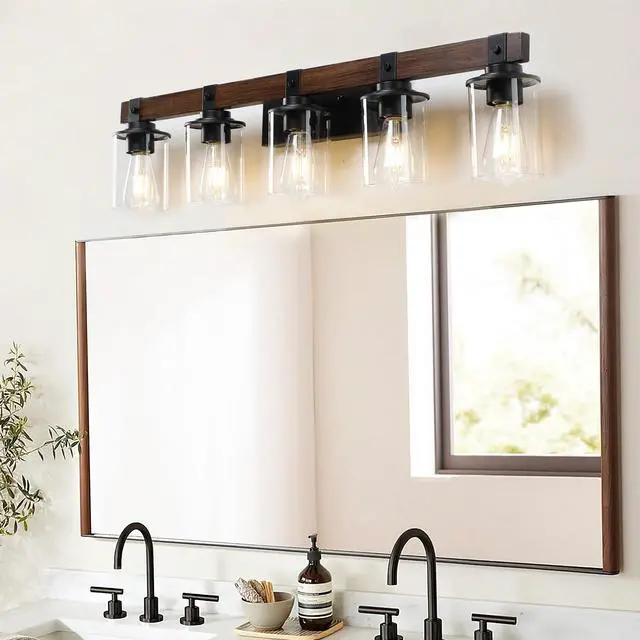 Alt view image 2 of 7 - 35" Rustic 5-Light Vanity Light, industrial Bathroom Wall Sconce with Glass Shades and Wood Accent, Modern Farmhouse Lighting Fixture (No Bulbs)