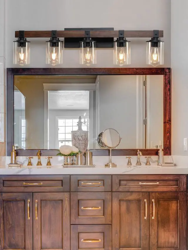 Alt view image 4 of 7 - 35" Rustic 5-Light Vanity Light, industrial Bathroom Wall Sconce with Glass Shades and Wood Accent, Modern Farmhouse Lighting Fixture (No Bulbs)