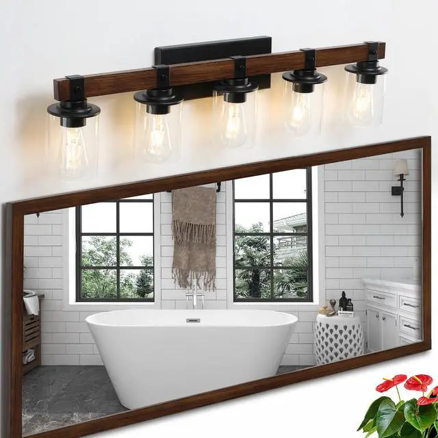 Alt view image 3 of 7 - 35" Rustic 5-Light Vanity Light, industrial Bathroom Wall Sconce with Glass Shades and Wood Accent, Modern Farmhouse Lighting Fixture (No Bulbs)