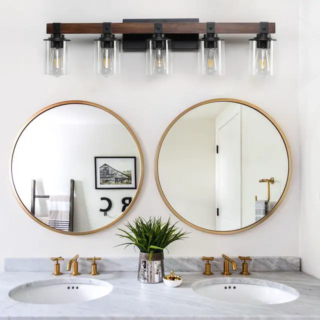 Alt view image 5 of 7 - 35" Rustic 5-Light Vanity Light, industrial Bathroom Wall Sconce with Glass Shades and Wood Accent, Modern Farmhouse Lighting Fixture (No Bulbs)