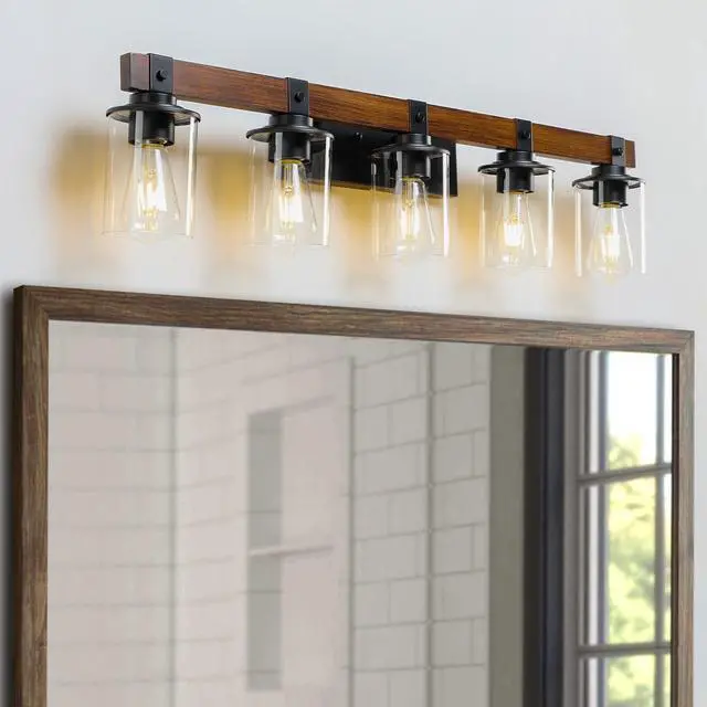 Alt view image 7 of 7 - 35" Rustic 5-Light Vanity Light, industrial Bathroom Wall Sconce with Glass Shades and Wood Accent, Modern Farmhouse Lighting Fixture (No Bulbs)