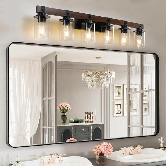 Main image of 42" Rustic 6-Light Vanity Light, industrial Bathroom Wall Sconce with Glass Shades and Wood Accent, Modern Farmhouse Lighting Fixture (No Bulbs)