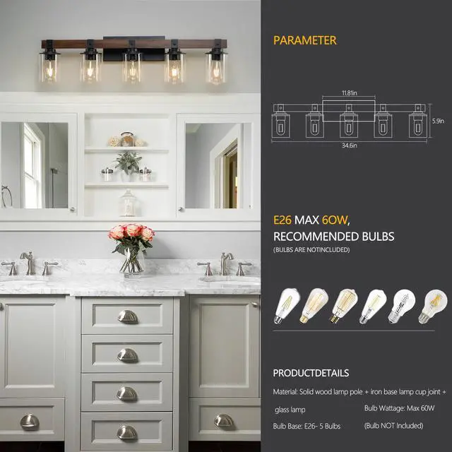 Alt view image 6 of 7 - 35" Rustic 5-Light Vanity Light, industrial Bathroom Wall Sconce with Glass Shades and Wood Accent, Modern Farmhouse Lighting Fixture (No Bulbs)