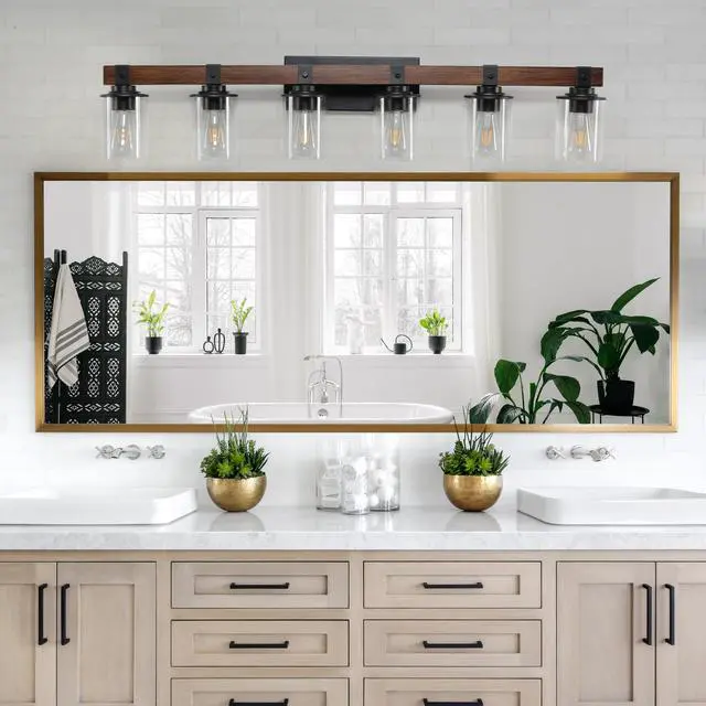 Alt view image 2 of 7 - 42" Rustic 6-Light Vanity Light, industrial Bathroom Wall Sconce with Glass Shades and Wood Accent, Modern Farmhouse Lighting Fixture (No Bulbs)