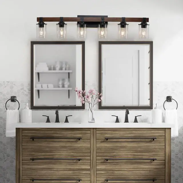 Alt view image 3 of 7 - 42" Rustic 6-Light Vanity Light, industrial Bathroom Wall Sconce with Glass Shades and Wood Accent, Modern Farmhouse Lighting Fixture (No Bulbs)