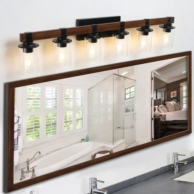 Alt view image 4 of 7 - 42" Rustic 6-Light Vanity Light, industrial Bathroom Wall Sconce with Glass Shades and Wood Accent, Modern Farmhouse Lighting Fixture (No Bulbs)