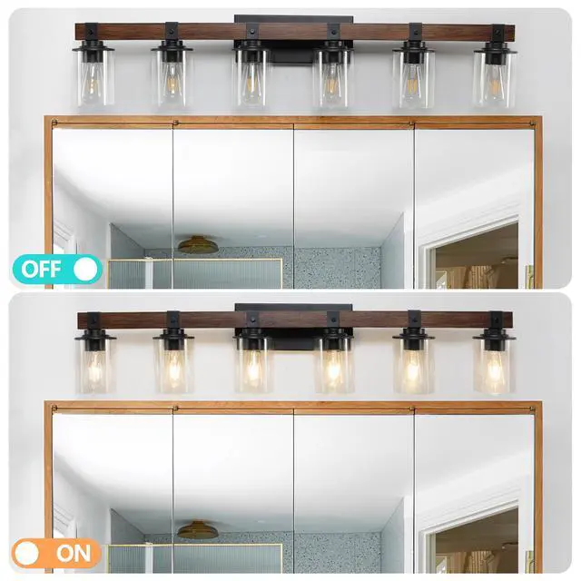Alt view image 5 of 7 - 42" Rustic 6-Light Vanity Light, industrial Bathroom Wall Sconce with Glass Shades and Wood Accent, Modern Farmhouse Lighting Fixture (No Bulbs)