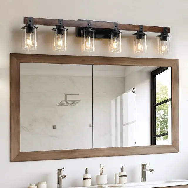 Alt view image 6 of 7 - 42" Rustic 6-Light Vanity Light, industrial Bathroom Wall Sconce with Glass Shades and Wood Accent, Modern Farmhouse Lighting Fixture (No Bulbs)