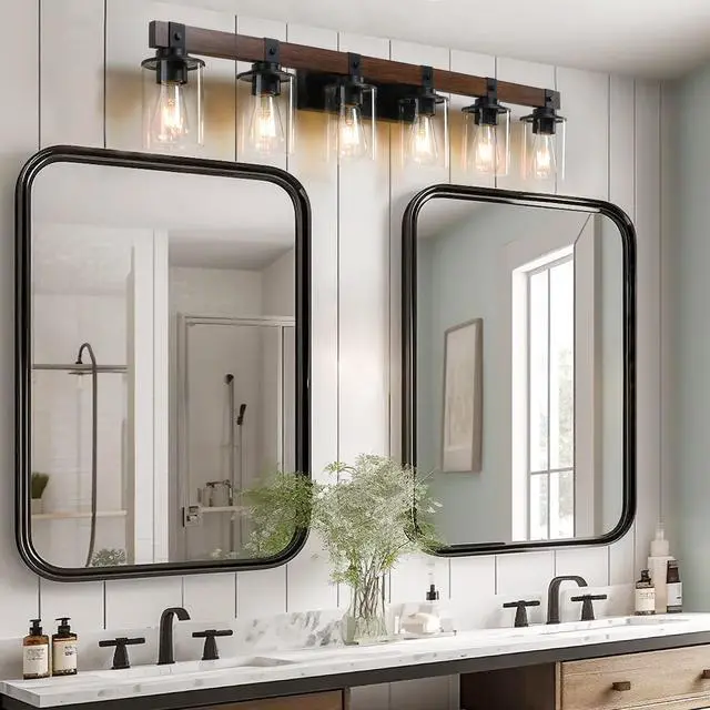 Alt view image 7 of 7 - 42" Rustic 6-Light Vanity Light, industrial Bathroom Wall Sconce with Glass Shades and Wood Accent, Modern Farmhouse Lighting Fixture (No Bulbs)