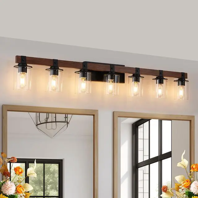 Alt view image 2 of 7 - 50" Rustic 7-Light Vanity Light, industrial Bathroom Wall Sconce with Glass Shades and Wood Accent, Modern Farmhouse Lighting Fixture (No Bulbs)