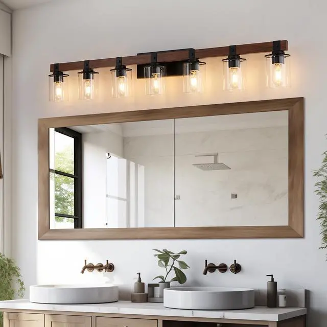 Alt view image 3 of 7 - 50" Rustic 7-Light Vanity Light, industrial Bathroom Wall Sconce with Glass Shades and Wood Accent, Modern Farmhouse Lighting Fixture (No Bulbs)