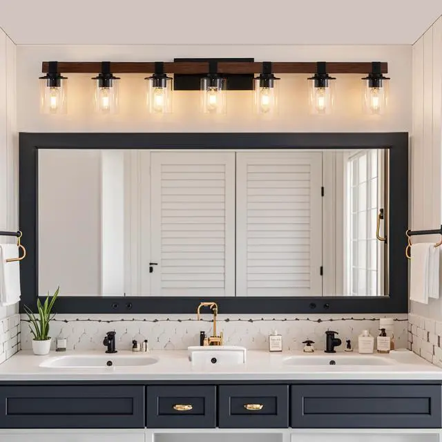 Alt view image 4 of 7 - 50" Rustic 7-Light Vanity Light, industrial Bathroom Wall Sconce with Glass Shades and Wood Accent, Modern Farmhouse Lighting Fixture (No Bulbs)