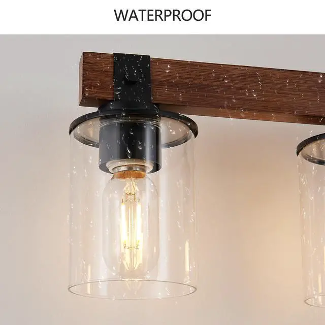 Alt view image 6 of 7 - 50" Rustic 7-Light Vanity Light, industrial Bathroom Wall Sconce with Glass Shades and Wood Accent, Modern Farmhouse Lighting Fixture (No Bulbs)