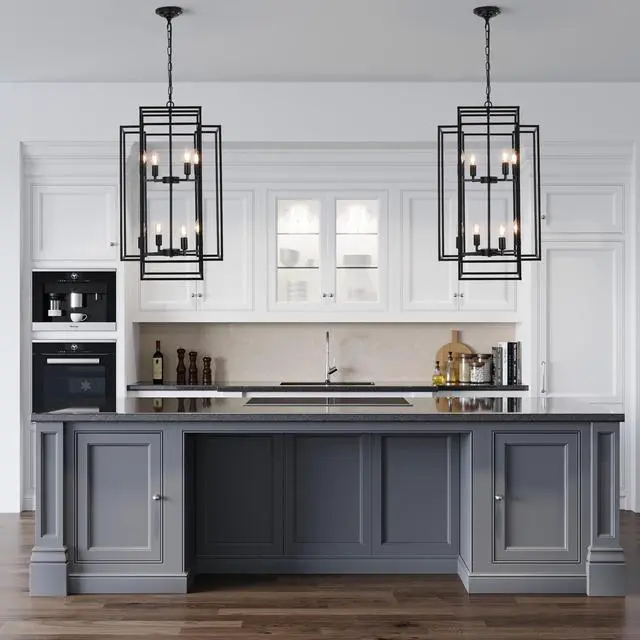 Alt view image 4 of 7 - 18" Modern 8-Light Black Geometric Pendant Chandelier, industrial Metal Frame, Adjustable Hanging Light for Living Room, Dining Room, Kitchen (No Bulbs)