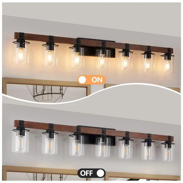 Alt view image 5 of 7 - 50" Rustic 7-Light Vanity Light, industrial Bathroom Wall Sconce with Glass Shades and Wood Accent, Modern Farmhouse Lighting Fixture (No Bulbs)