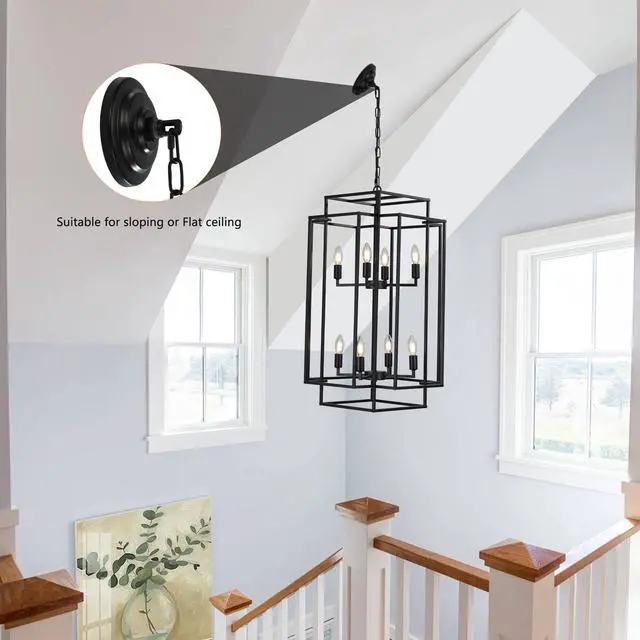 Alt view image 6 of 7 - 18" Modern 8-Light Black Geometric Pendant Chandelier, industrial Metal Frame, Adjustable Hanging Light for Living Room, Dining Room, Kitchen (No Bulbs)
