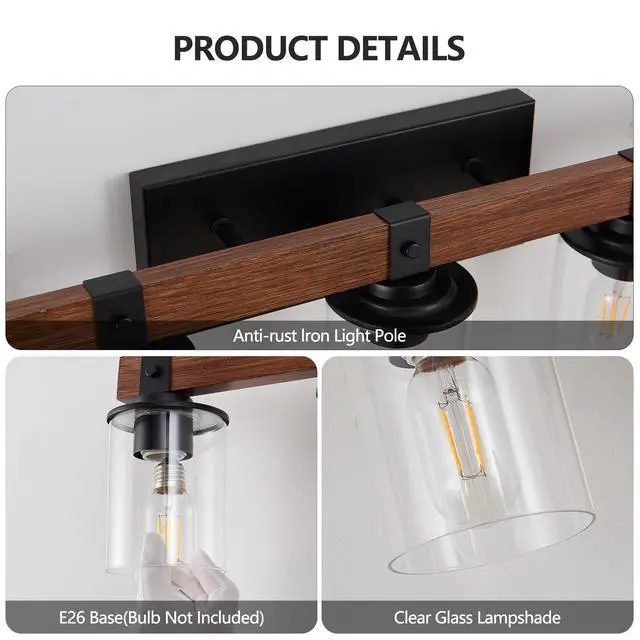 Alt view image 7 of 7 - 50" Rustic 7-Light Vanity Light, industrial Bathroom Wall Sconce with Glass Shades and Wood Accent, Modern Farmhouse Lighting Fixture (No Bulbs)