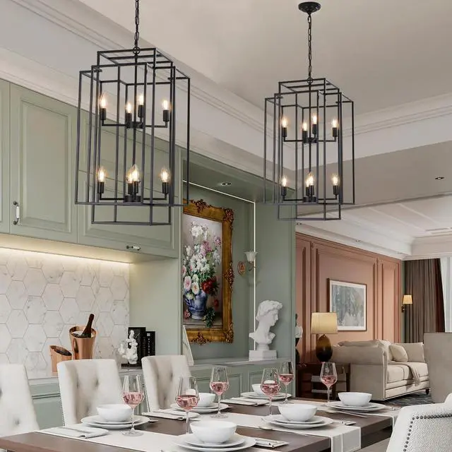 Alt view image 3 of 7 - 18" Modern 8-Light Black Geometric Pendant Chandelier, industrial Metal Frame, Adjustable Hanging Light for Living Room, Dining Room, Kitchen (No Bulbs)