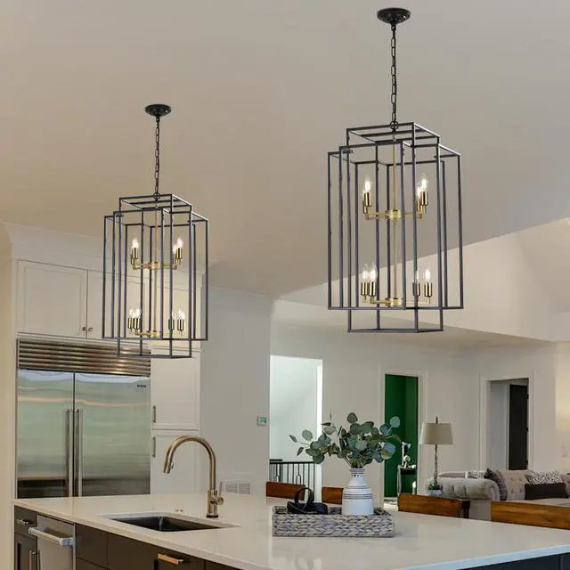Alt view image 2 of 7 - 18" Modern 8-Light Black Gold Geometric Pendant Chandelier, industrial Metal Frame, Adjustable Hanging Light for Living Room, Dining Room, Kitchen (No Bulbs)