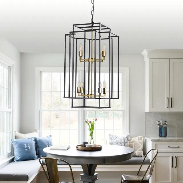 Alt view image 3 of 7 - 18" Modern 8-Light Black Gold Geometric Pendant Chandelier, industrial Metal Frame, Adjustable Hanging Light for Living Room, Dining Room, Kitchen (No Bulbs)