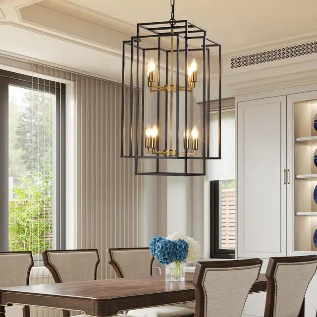 Alt view image 5 of 7 - 18" Modern 8-Light Black Gold Geometric Pendant Chandelier, industrial Metal Frame, Adjustable Hanging Light for Living Room, Dining Room, Kitchen (No Bulbs)