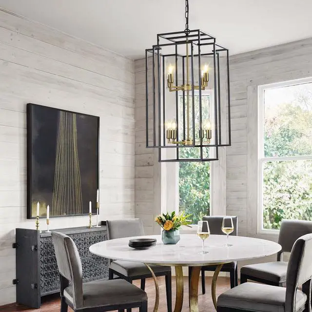 Alt view image 6 of 7 - 18" Modern 8-Light Black Gold Geometric Pendant Chandelier, industrial Metal Frame, Adjustable Hanging Light for Living Room, Dining Room, Kitchen (No Bulbs)