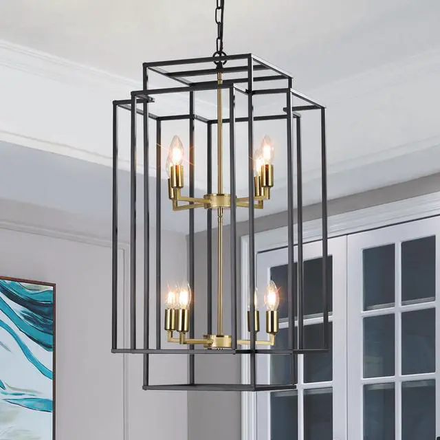 Alt view image 7 of 7 - 18" Modern 8-Light Black Gold Geometric Pendant Chandelier, industrial Metal Frame, Adjustable Hanging Light for Living Room, Dining Room, Kitchen (No Bulbs)