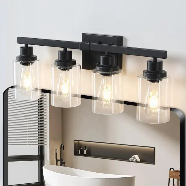 Alt view image 2 of 7 - 24" Modern Black 4-Light Bathroom Vanity Light Fixture, industrial Wall Sconce with Clear Glass Shades for Mirror, Bathroom, Bedroom, and Hallway (No Bulbs)