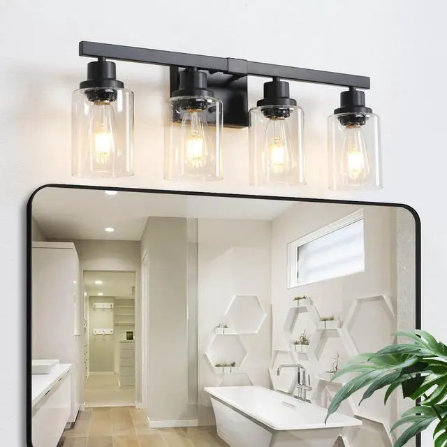Main image of 24" Modern Black 4-Light Bathroom Vanity Light Fixture, industrial Wall Sconce with Clear Glass Shades for Mirror, Bathroom, Bedroom, and Hallway (No Bulbs)