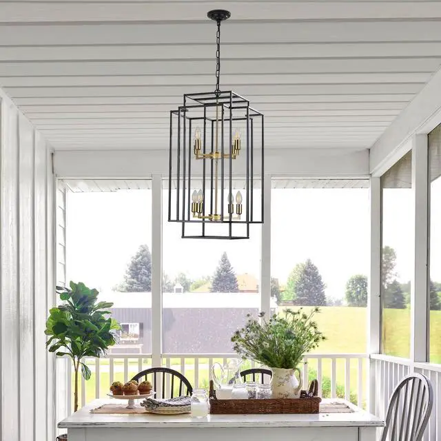 Alt view image 4 of 7 - 18" Modern 8-Light Black Gold Geometric Pendant Chandelier, industrial Metal Frame, Adjustable Hanging Light for Living Room, Dining Room, Kitchen (No Bulbs)