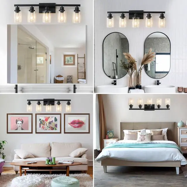 Alt view image 4 of 7 - 31" Modern Black 5-Light Bathroom Vanity Light Fixture, industrial Wall Sconce with Clear Glass Shades for Mirror, Bathroom, Bedroom, and Hallway (No Bulbs)