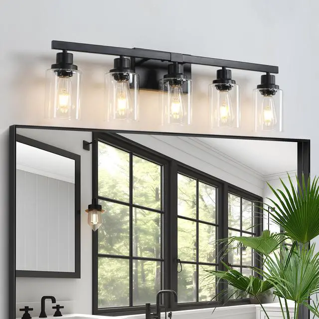 Alt view image 3 of 7 - 31" Modern Black 5-Light Bathroom Vanity Light Fixture, industrial Wall Sconce with Clear Glass Shades for Mirror, Bathroom, Bedroom, and Hallway (No Bulbs)