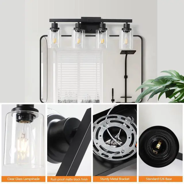 Alt view image 5 of 7 - 24" Modern Black 4-Light Bathroom Vanity Light Fixture, industrial Wall Sconce with Clear Glass Shades for Mirror, Bathroom, Bedroom, and Hallway (No Bulbs)