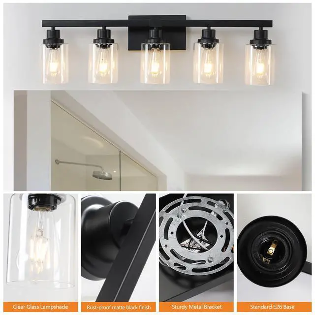 Alt view image 5 of 7 - 31" Modern Black 5-Light Bathroom Vanity Light Fixture, industrial Wall Sconce with Clear Glass Shades for Mirror, Bathroom, Bedroom, and Hallway (No Bulbs)