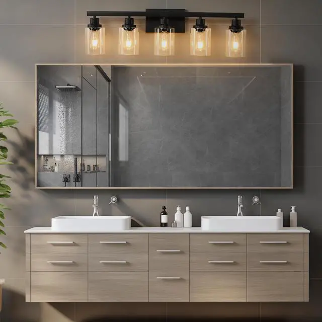 Alt view image 2 of 7 - 31" Modern Black 5-Light Bathroom Vanity Light Fixture, industrial Wall Sconce with Clear Glass Shades for Mirror, Bathroom, Bedroom, and Hallway (No Bulbs)