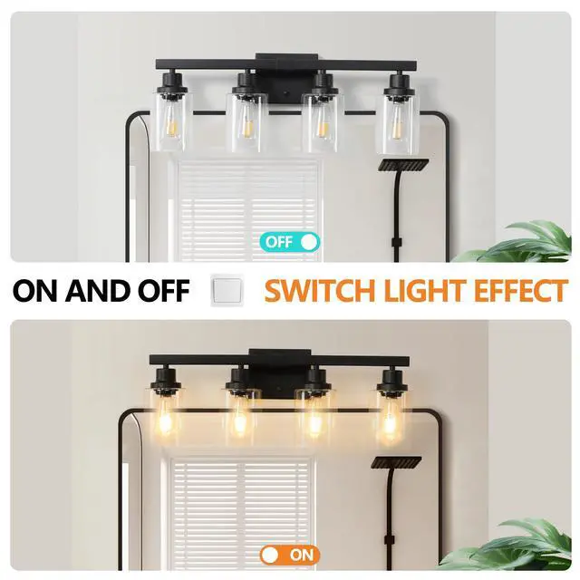 Alt view image 6 of 7 - 24" Modern Black 4-Light Bathroom Vanity Light Fixture, industrial Wall Sconce with Clear Glass Shades for Mirror, Bathroom, Bedroom, and Hallway (No Bulbs)