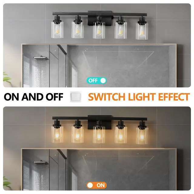 Alt view image 6 of 7 - 31" Modern Black 5-Light Bathroom Vanity Light Fixture, industrial Wall Sconce with Clear Glass Shades for Mirror, Bathroom, Bedroom, and Hallway (No Bulbs)