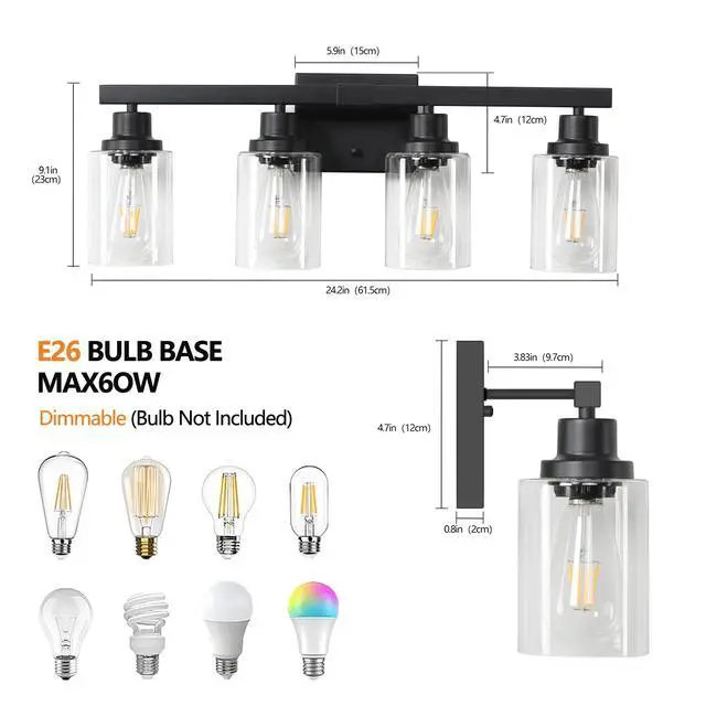 Alt view image 7 of 7 - 24" Modern Black 4-Light Bathroom Vanity Light Fixture, industrial Wall Sconce with Clear Glass Shades for Mirror, Bathroom, Bedroom, and Hallway (No Bulbs)