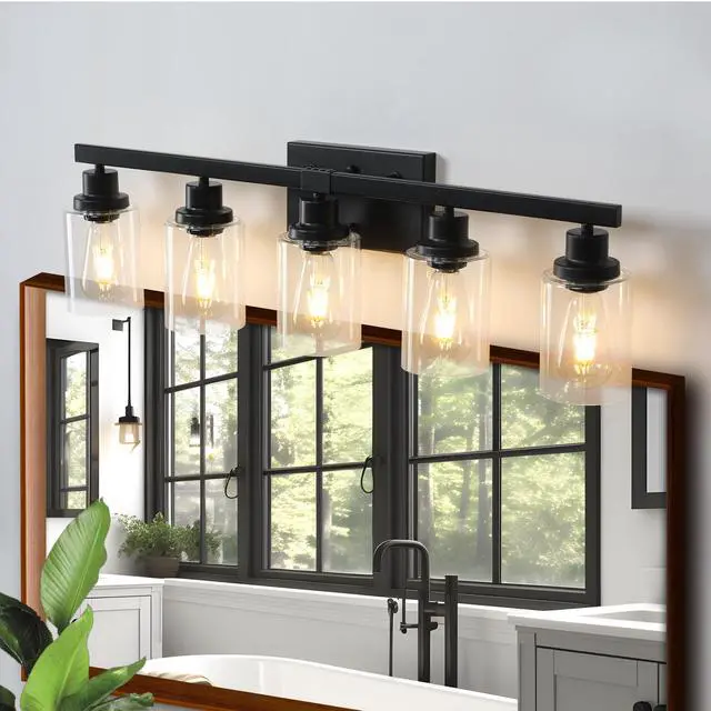 Main image of 31" Modern Black 5-Light Bathroom Vanity Light Fixture, industrial Wall Sconce with Clear Glass Shades for Mirror, Bathroom, Bedroom, and Hallway (No Bulbs)