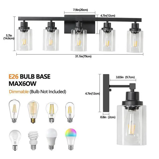 Alt view image 7 of 7 - 31" Modern Black 5-Light Bathroom Vanity Light Fixture, industrial Wall Sconce with Clear Glass Shades for Mirror, Bathroom, Bedroom, and Hallway (No Bulbs)