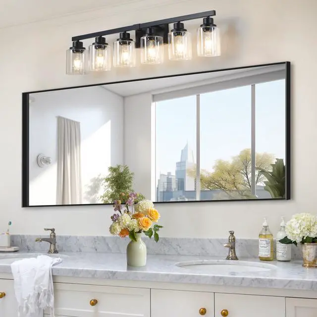 Alt view image 2 of 7 - 37" Modern 6-Light Bathroom Vanity Light Fixture - Black Finish with Clear Glass Shades, Perfect for Bathroom, Vanity, and Dressing Area Lighting (No Bulbs)