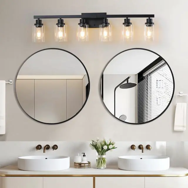 Alt view image 3 of 7 - 37" Modern 6-Light Bathroom Vanity Light Fixture - Black Finish with Clear Glass Shades, Perfect for Bathroom, Vanity, and Dressing Area Lighting (No Bulbs)