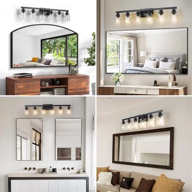Alt view image 4 of 7 - 37" Modern 6-Light Bathroom Vanity Light Fixture - Black Finish with Clear Glass Shades, Perfect for Bathroom, Vanity, and Dressing Area Lighting (No Bulbs)