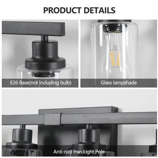 Alt view image 6 of 7 - 37" Modern 6-Light Bathroom Vanity Light Fixture - Black Finish with Clear Glass Shades, Perfect for Bathroom, Vanity, and Dressing Area Lighting (No Bulbs)